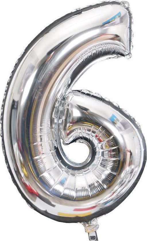 Cijfer ballon 6 jaar Babydouche - zilver folie helium ballonnen - 100 cm - zilveren zes verjaardag versiering