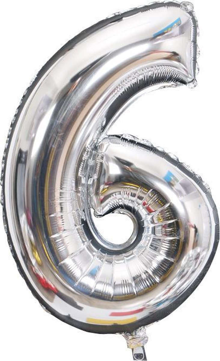 Cijfer ballon 6 jaar Babydouche - 1 meter 100 CM - zilver folie helium ballonnen - zilveren zes verjaardag versiering