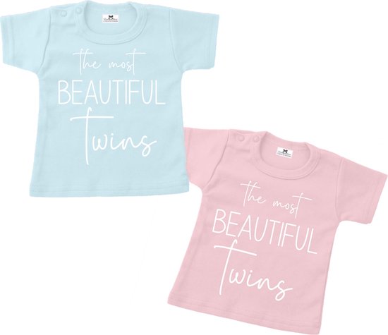 T-shirt set tweeling-The most beautiful twins-blauw-roze-Maat 56 | bol.com