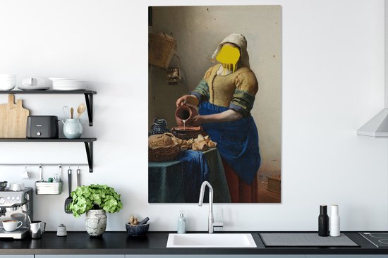 Traité du vieux maître Johannes Vermeer avec une goutte de peinture jaune 90x140 cm - Tirage photo sur toile (Décoration murale salon / chambre)