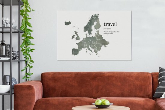 Carte de l'Europe en aquarelle grise avec le mot travel et description du dictionnaire inventé 120x80 cm - Tirage photo sur toile (Décoration murale salon / chambre)