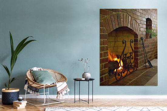 Feu dans une cheminée 120x160 cm - Tirage photo sur toile (Décoration murale salon / chambre) XXL / Grand format!