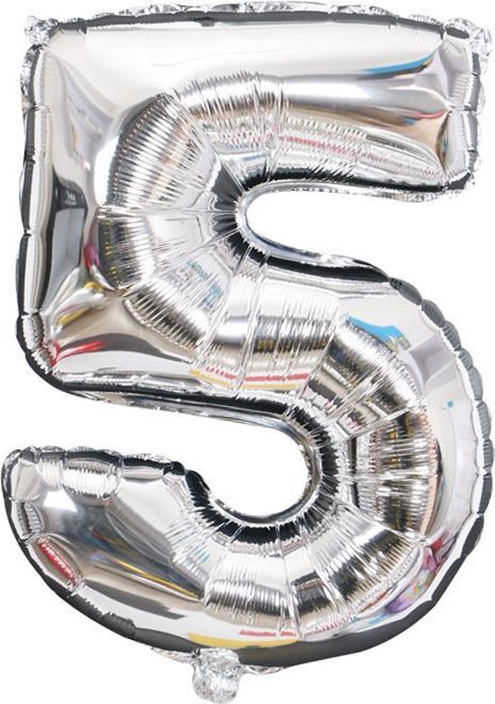 Cijfer ballon 5 jaar Babydouche - zilver folie helium ballonnen - 100 cm - zilveren vijf verjaardag versiering