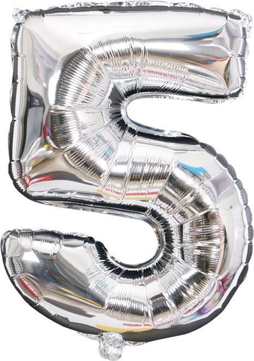 Cijfer ballon 5 jaar Babydouche - 1 meter 100 CM - zilver folie helium ballonnen - zilveren vijf verjaardag versiering