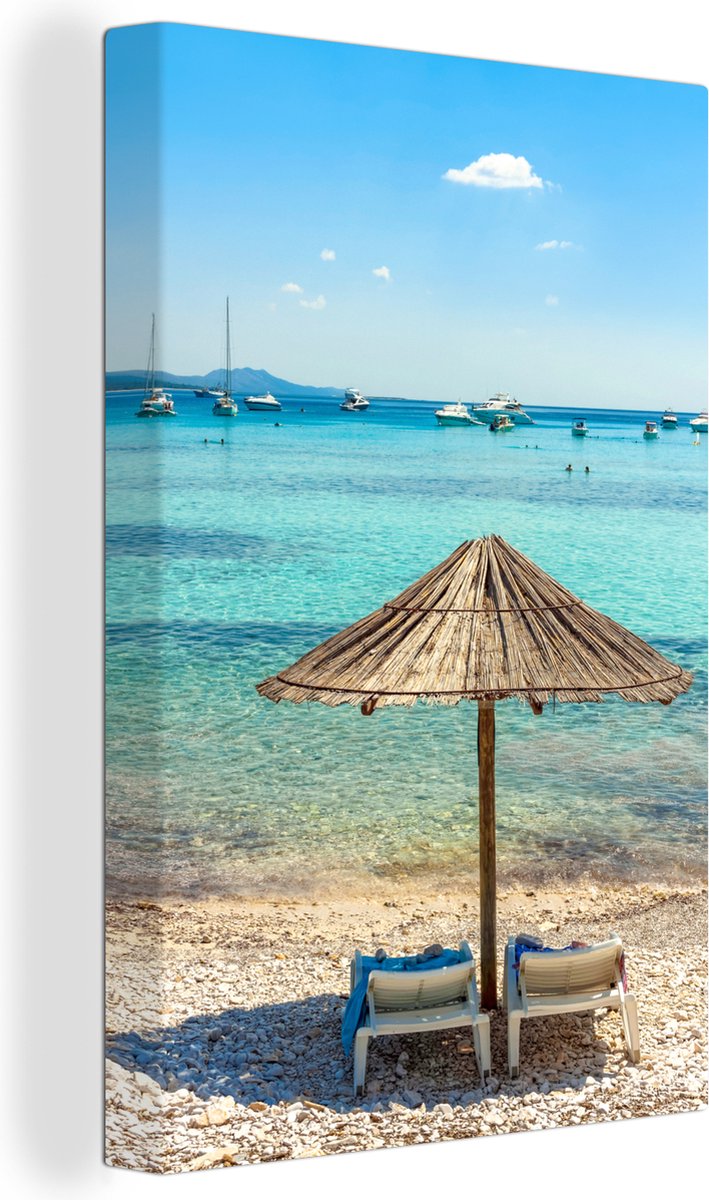 Canvas Schilderij Boot - Strand - Parasol - 20x30 cm - Wanddecoratie