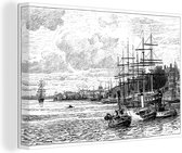Canvas Schilderij Zwart-wit illustratie van de Maas met schepen in Rotterdam - 120x80 cm - Wanddecoratie