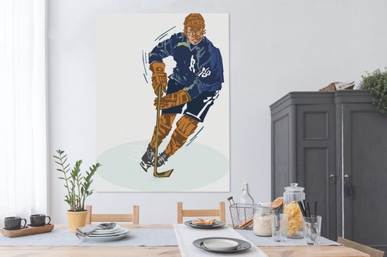 Un joueur de hockey sur glace avec un costume bleu dans une toile d'illustration 120x160 cm - Tirage photo sur Toile (Décoration murale salon / chambre) XXL / Groot format!