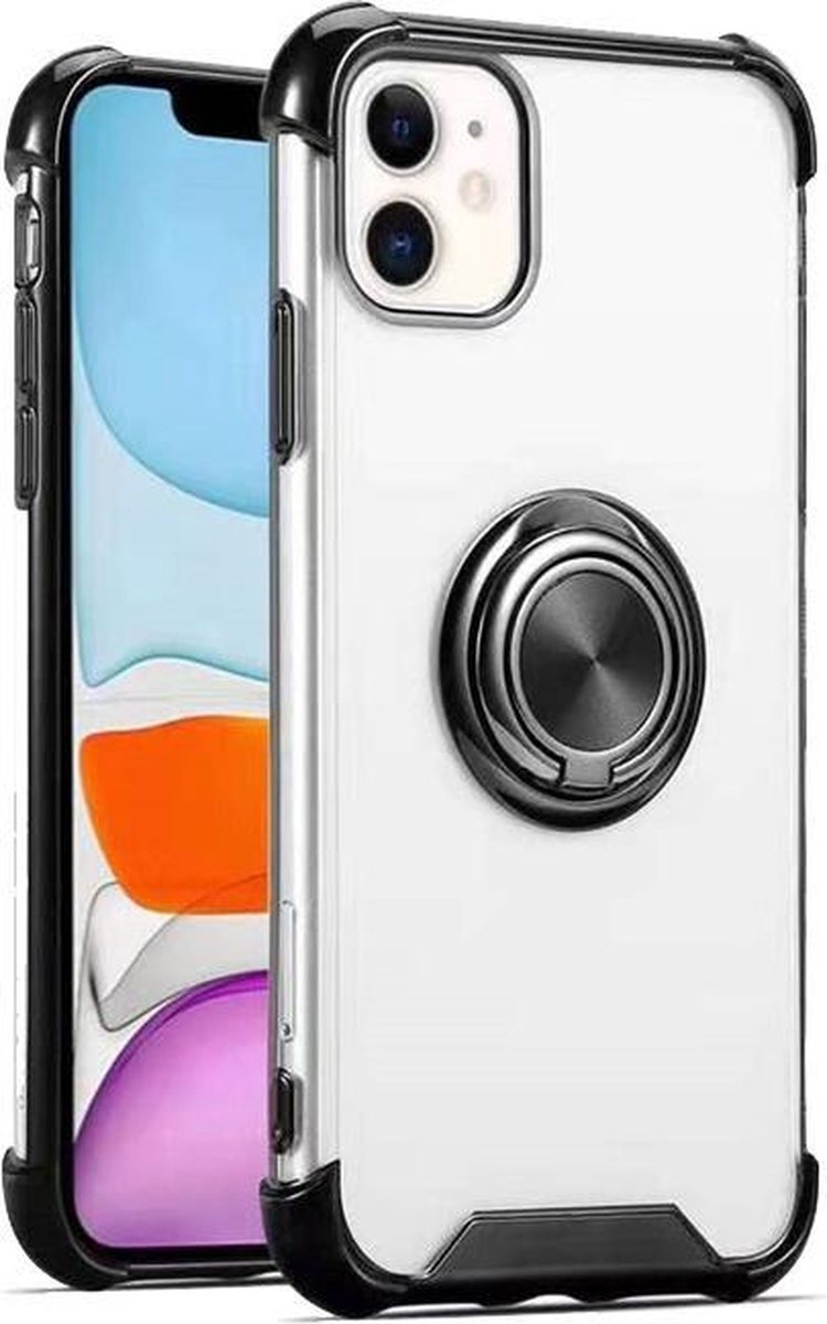 Hoesje Geschikt voor iPhone 11 silicone - shock proof met Ringhouder - Transparant / Zwart