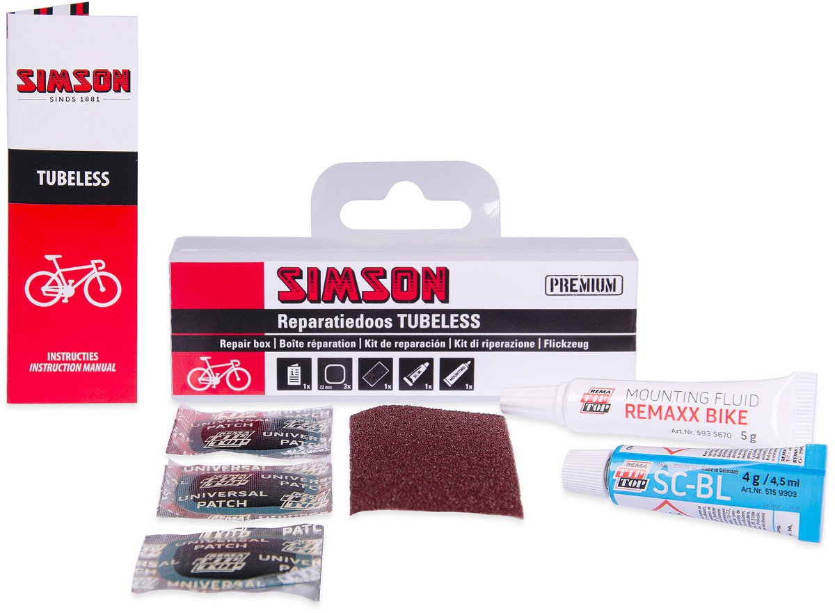 Simson Tubeless reparatiedoos rood met pleisters, blauwe solutie en montagevloeistof voor fietsbanden thumbnail 6