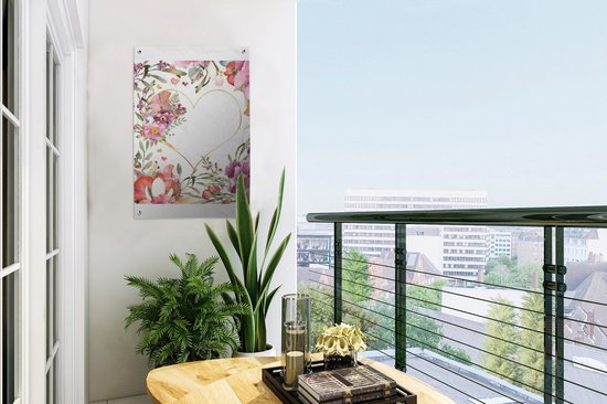 Tuinposter 40x60 cm - Tuindecoratie Bloemen - Hart - Waterverf - Patroon - Poster voor in de tuin - Buiten decoratie - Schutting tuinschilderij - Tuindoek muurdecoratie - Wanddecoratie balkondoek