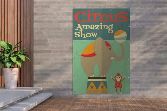 Tuinposter 120x180 cm - Tuindecoratie Circus" met olifant en aap op een groene achtergrond - Poster voor in de tuin - Buiten decoratie - Schutting tuinschilderij - Tuindoek muurdecoratie - Wanddecoratie balkondoek