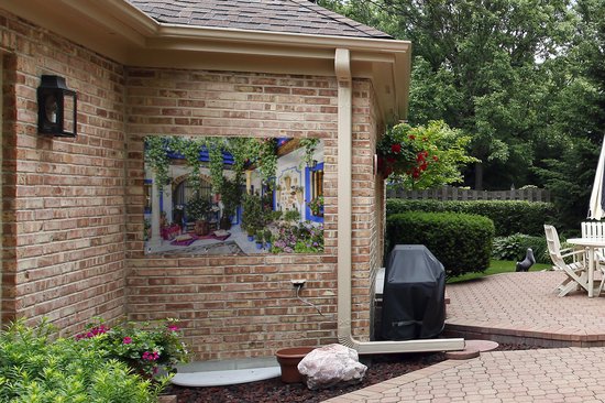 Poster carré coloré dans le jardin espagnol de Cordoue 120x80 cm - Toile de jardin / Toile d'extérieur / Peintures pour l'extérieur (décoration de jardin)