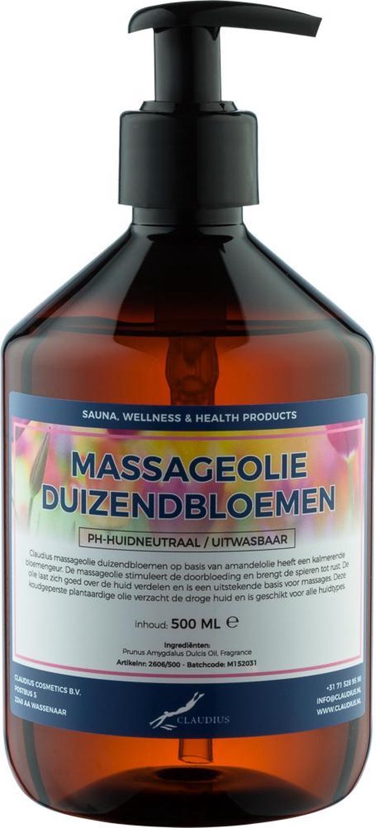 Goedkoopste Massageolie Duizendbloemen 500 ml met pomp - 100 natuurlijk - biologisch en koud geperst