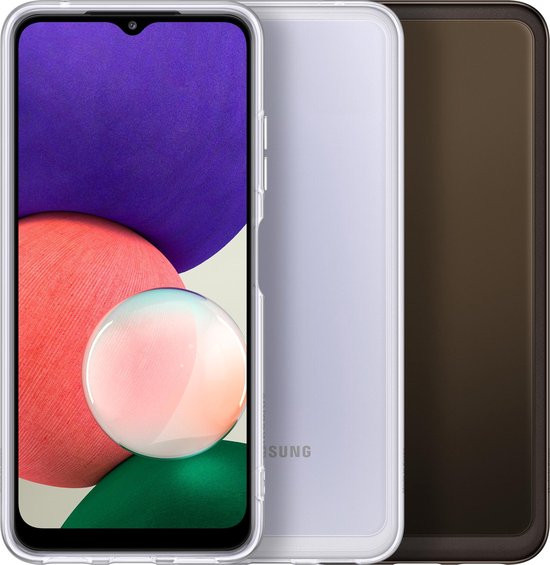 Transparant hoesje voor Samsung Galaxy A22 5G naast een bruine telefoon.