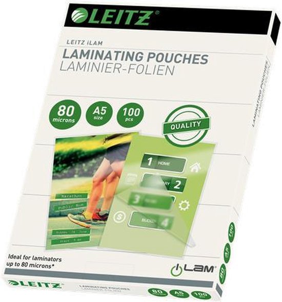 Leitz Lamineerhoezen voor Warm Lamineren - voor A5 Documenten - 2X80 Eva (Ethyl Vinyl Acetaat) - 80 Micron - 100 Stuks