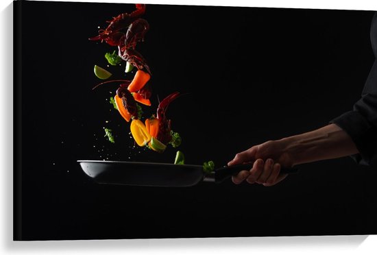 - Chef-kok in Actie op Zwarte Achtergrond - Foto op Canvas Schilderij... |