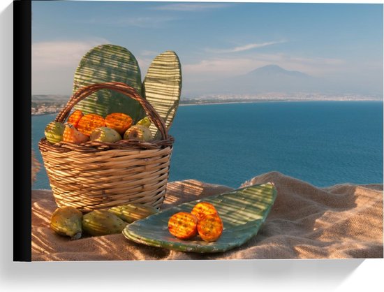 Canvas  - Picknickmand met Vruchten aan het Water - 40x30cm Foto op Canvas Schilderij (Wanddecoratie op Canvas)