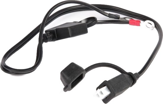 Zwarte kabel met zekeringhouder en witte connector met zwarte dop.