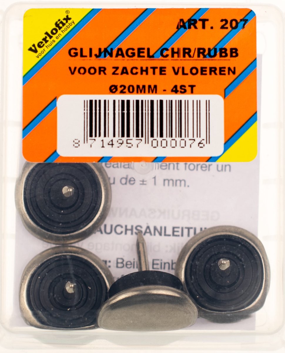 Verlofix Glijnagel Diam. 20mm Staal Rubber Zilvergrijs 4stuks