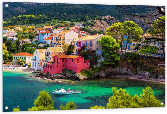 Tuinposter – Gekleurde Huisjes aan het Water in Kefalonia, Greece - 120x80cm Foto op Tuinposter  (wanddecoratie voor buiten en binnen)