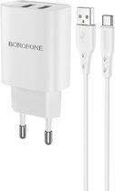 HOCO BN2 Super Fast - Universele 2-Poort USB Oplader + USB-C Kabel - 5V/2.1A 10W - Voor Android Smartphones - Wit