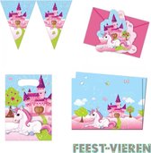 Unicorn verjaardag pakket uitnodigingen, vlaggetjesslinger, tafelkleed en uitdeelzakjes