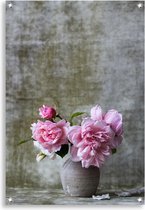 Tuinposter vaas met bloemen - roze bloemen - tuindoek 80x100cm - wanddecoratie - stilleven - stijlvol - sfeermaker-