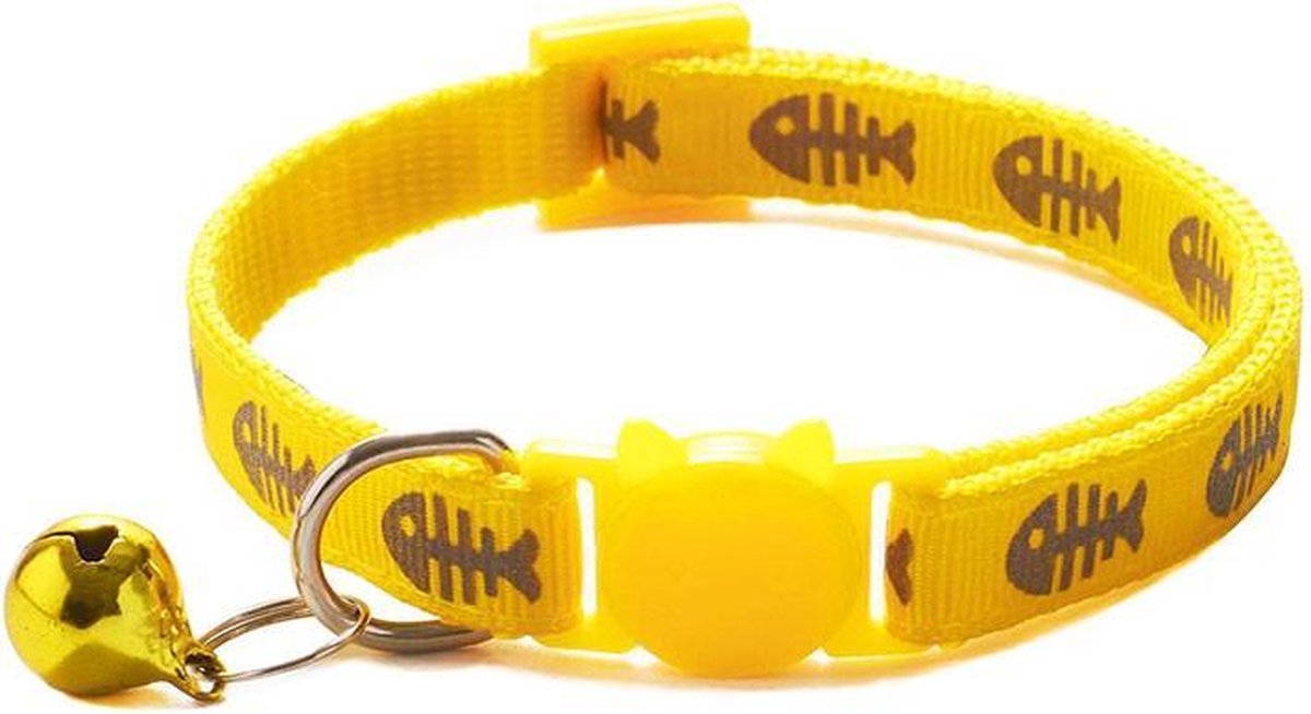 Grannies - kattenhalsband Snoppe - kattenbandje met bel - halsband kat of hond - belletje - reflecterend - veiligheidssluiting - visgraat - geel
