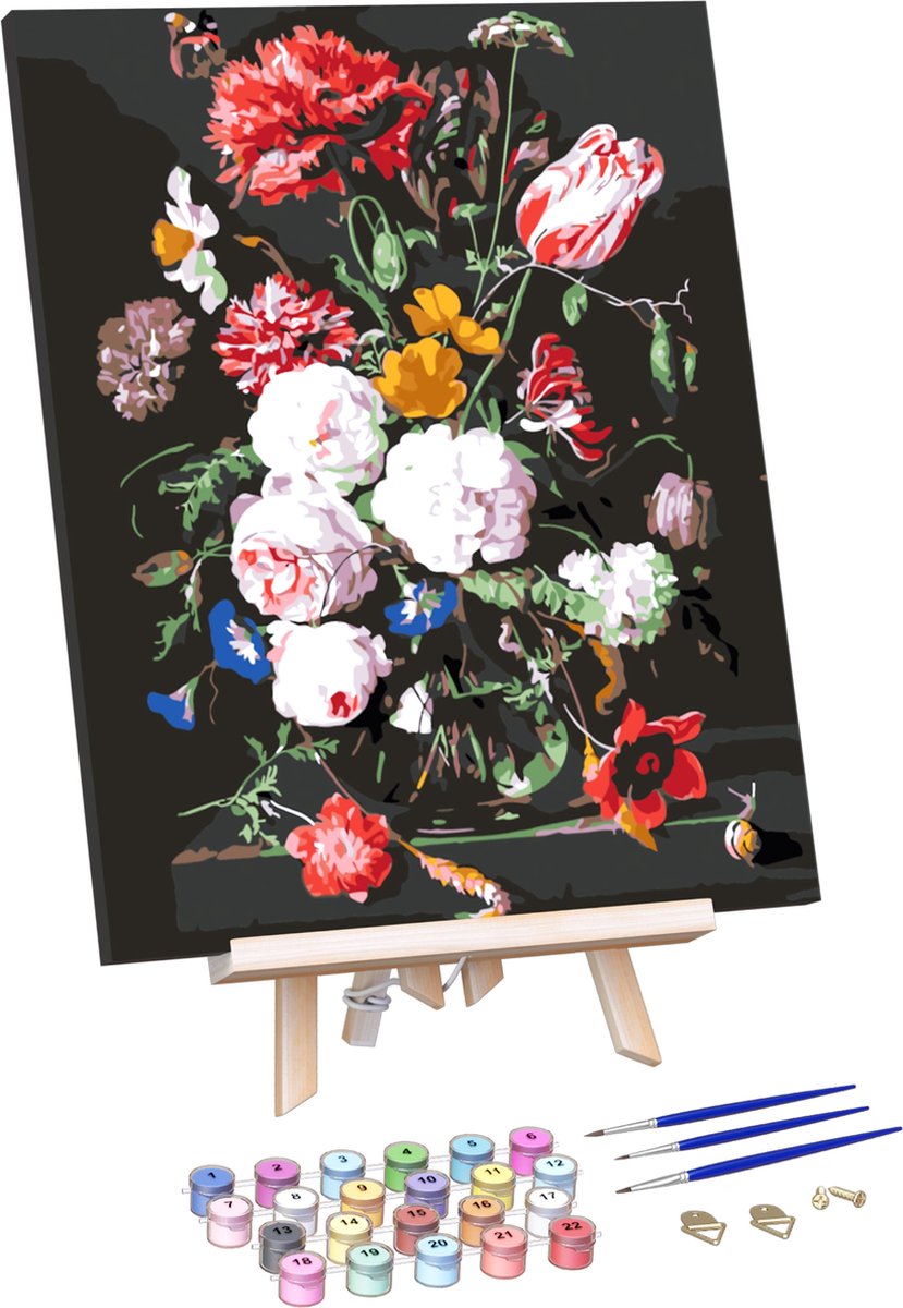Rubye® Schilderen Op Nummer Volwassenen - Bloemen in Vaas - Met Frame, Schildersezel en Penselen - Canvas Schildersdoek - Kleuren op Nummer - 40x50cm