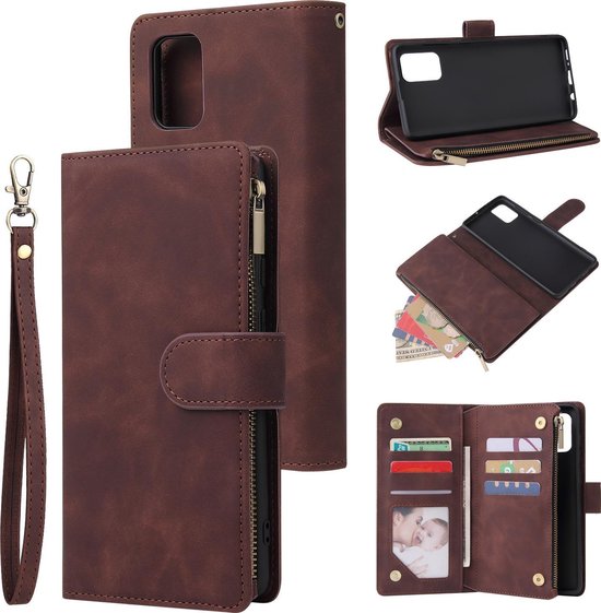 Étui portefeuille marron en cuir avec fermeture éclair et dragonne, 6 fentes pour cartes et cadre photo.