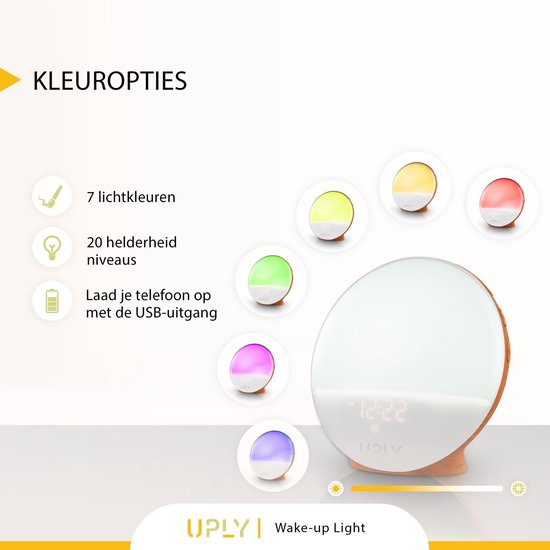 UPLY Wake Up Light - Met USB Oplaadpunt - Licht Wekker - Wekker Radio - 2 Wektijden - 7 Kleuren