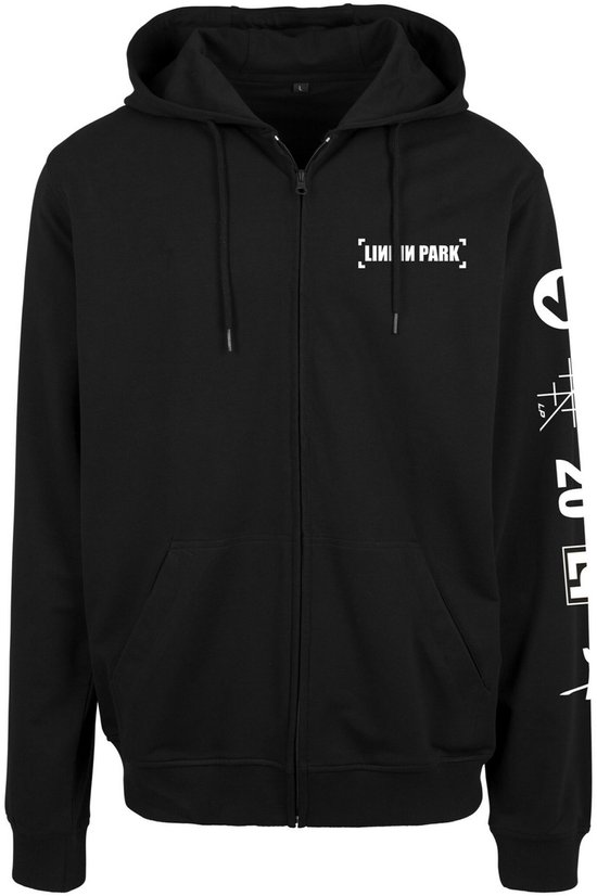 Zwarte zip-up hoodie met 'Linkin Park' opdruk op de borst en grafische print op de mouw.