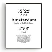 Steden Poster Amsterdam met Graden Positie en Tekst - Muurdecoratie - Minimalistisch - 30x21cm / A4 - PosterCity