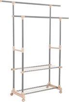 kledingrek met 2 kledingstangen, kapstok, uitschuifbaar, met legborden, op wielen, buizen met RVS coating, (90-154) x 42 x (95-172) cm, zilver-lichtbruin, LLR03LB