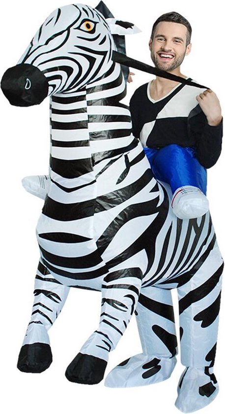 KIMU® Opblaas Kostuum Rijdend op Zebra - Opblaasbaar Pak - Zebrapak Mascotte Opblaaspak - Opblaasbare Zebra Safari Afrika Paard Dames Heren Festival