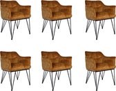 Bronx71® Velvet eetkamerstoel Jayron oker geel/cognac bruin - Eetkamerstoelen set van 6