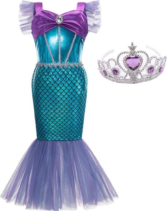 Zeemeermin jurk Prinsessen jurk donker paars + kroon - Maat 128/134 (130) verkleedjurk meisje verkleedkleding - verjaardag - speelgoed
