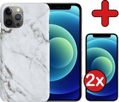 Hoes voor iPhone 12 Pro Hoesje Marmer Hardcover Fashion Case Hoes Met 2x Screenprotector - Hoes voor iPhone 12 Pro Marmer Hoesje Hardcase Back Cover - Wit x Grijs