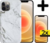 Hoesje Geschikt voor iPhone 12 Pro Max Hoesje Marmer Case Hard Cover Met 2x Screenprotector - Hoes Geschikt voor iPhone 12 Pro Max Case Marmer Hoesje Backcover - Wit