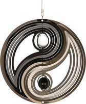 Windspinner Yin Yang RVS zwart zilver -21 cm rond hoogte met koord 75 cm - Glaskogel 1x zwart 1x helder