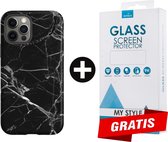 Backcover Marmerlook Hoesje iPhone 11 Pro Max Zwart - Gratis Screen Protector - Telefoonhoesje - Smartphonehoesje