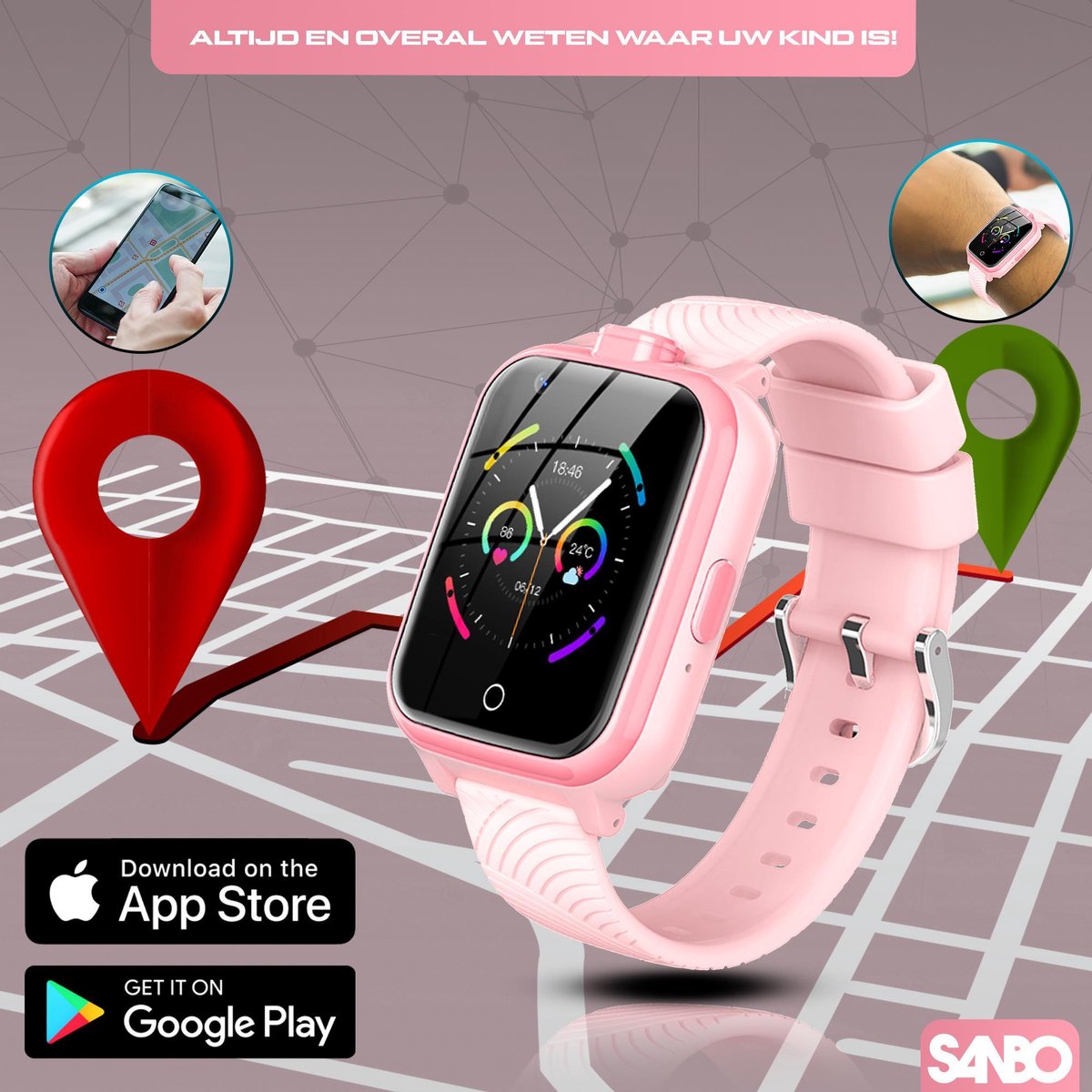 Sanbo i30 Kindersmartwatch GPS Tracker - 4G - SOS knop - Roze | bol