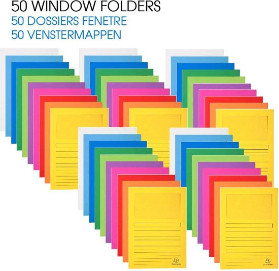 Stapel van 50 gekleurde insteekmappen met venster: 50 WINDOW FOLDERS.
