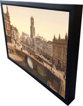 Oud Stadsgezicht Utrecht Dom - Oude Foto Print op Canvas Doek 90x60cm in zwarte houten baklijst