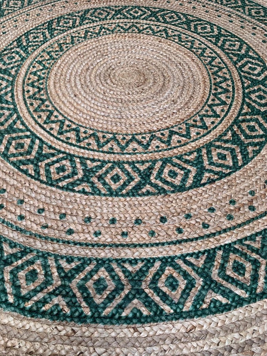 Rocaflor-Vloerkleed-jute-rond-print-groen-ø150cm