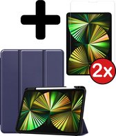 iPad Pro 2021 Hoes (12.9 inch) Book Case Hoesje Met 2x Screenprotector - Met Uitsparing Voor Apple Pencil - Donker Blauw