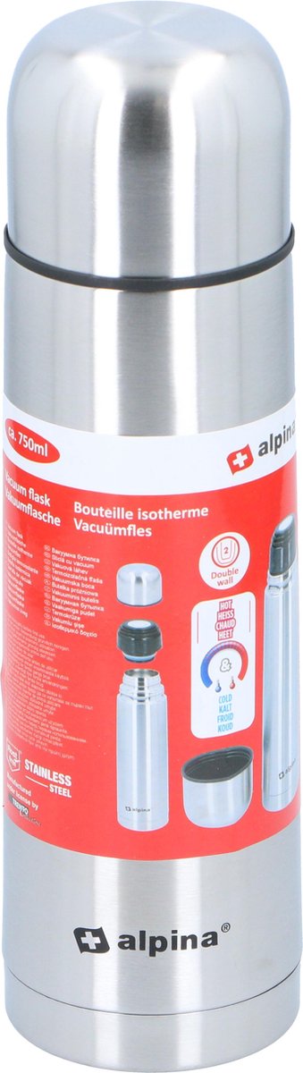 Alpina Thermosfles - Dubbelwandig - 750 ml - Incl. Beker - Roestvrij Staal