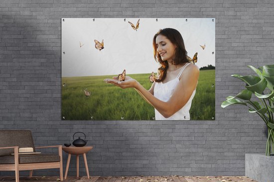 Décoration murale Femme parmi les papillons - 180x120 cm - Affiche de jardin - Toile de jardin - Affiche d'extérieur