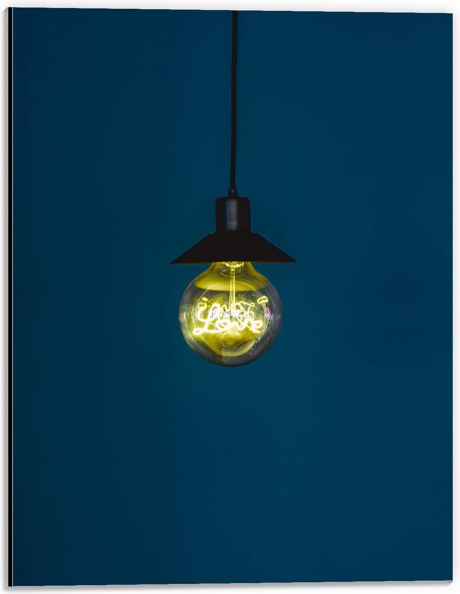 Dibond - Gloeilamp met Blauwe Achtergrond - 30x40cm Foto op Aluminium (Wanddecoratie van m