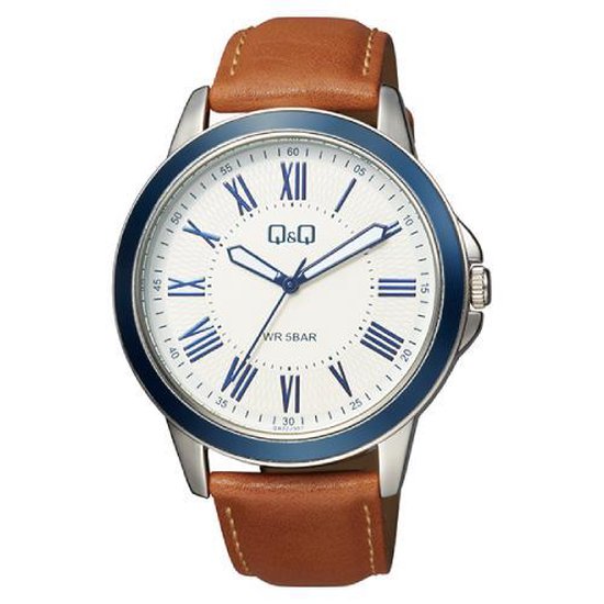 Mooi groot sportief Q\u0026Q heren horloge met bruin lederen banden QB22J307 |  bol.com